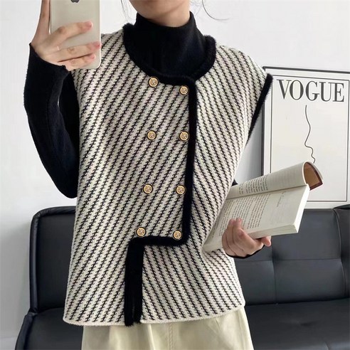 [OKㅣ강추] ANYOU 여성 가겨울 흑백 스트라이프 겹쳐입기 조끼 리미엄 라운드넥 더블 버튼 베스트 [OKNOWㅣ추천상품]
