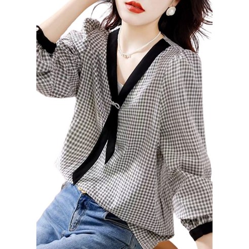 쩐쿠 봄 여성 브이넥 리본 체크무늬 블라우스 Y8640