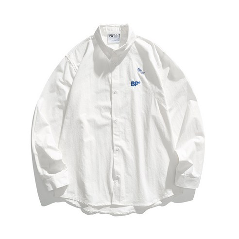 KORELAN 창객 남성복 21 계열 레트로 남성 터틀넥 셔츠 아메리칸 캐주얼 루즈 알파벳 자수 셔츠 트렌드