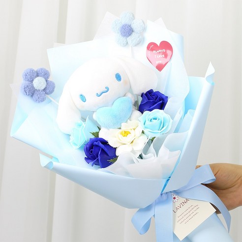 산리오 비누꽃 인형꽃다발 + 쇼핑백 세트, 시나모롤 블루, 1개