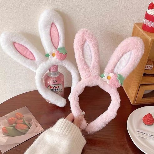 토끼 딸기 머리띠 인생네컷 생일 파티용품, 화이트