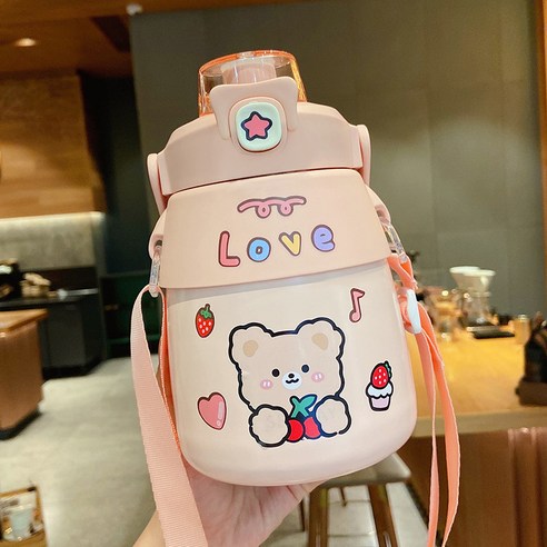 대배 보온컵 대용량 귀엽다 빨대 여사 고안치 물컵 900ml 휴대용, 핑크+랜덤 스티커