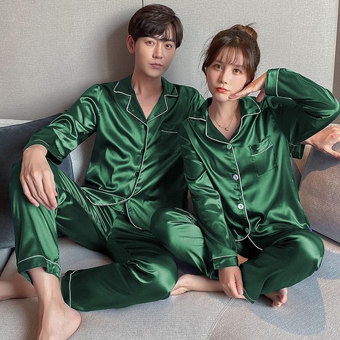 다이나믹피플 커플용 긴팔 빅사이즈 실크 잠옷 세트 커플잠옷