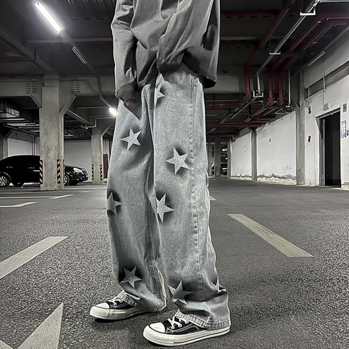 DFMEI 남자 미국의 하이 스트리트 스트레이트 청바지 봄 패션 잘 생긴 튀김 거리 느슨한 넓은 다리 바지 바지