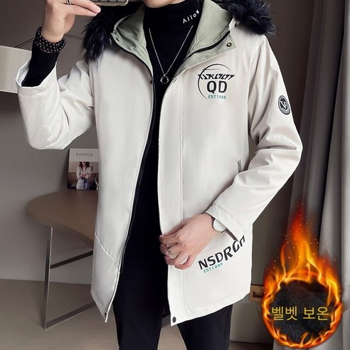 YY패션 브랜드 남자 후드 모피 칼라 따뜻한 코트 학생 한국어 스타일 가을 겨울 중간 길이 재킷 양털 안감
