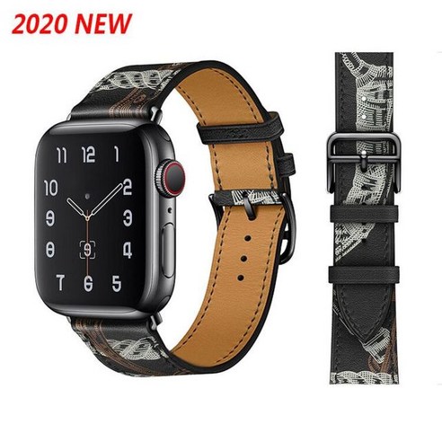 100% 정품 소가죽 iWatch 루프 팔찌 밴드 Watch 7 6 SE 5 4 41mm/45mm iWatch 6 5 4 호환 44mm/40mm 38mm/42mm, Black Print, 38mm/40mm/41mm