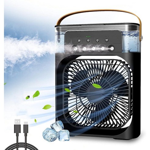 Ptable Air Conditioner Cooling Mist 4in1 Misting Fan Cooler LED Nightlight – Evapative AC 600ml Wate, Black