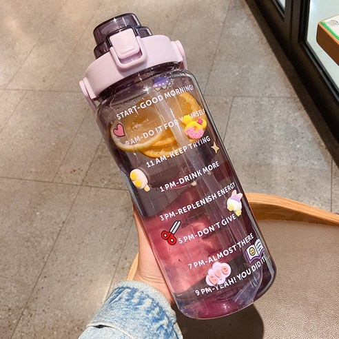 2000ml 운동 물컵 여자 여름 헬스 벨트 빨대 주전자 휴대용 플라스틱 고온 컵 대용량, 보라+랜덤 스티커+랜덤 부품