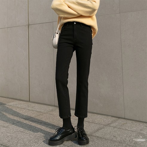Mao 가을 새로운 한국어 스타일 블랙 스트레이트 청바지 여성 봄 착용 슬리밍 높은 허리 양털 안감 자른