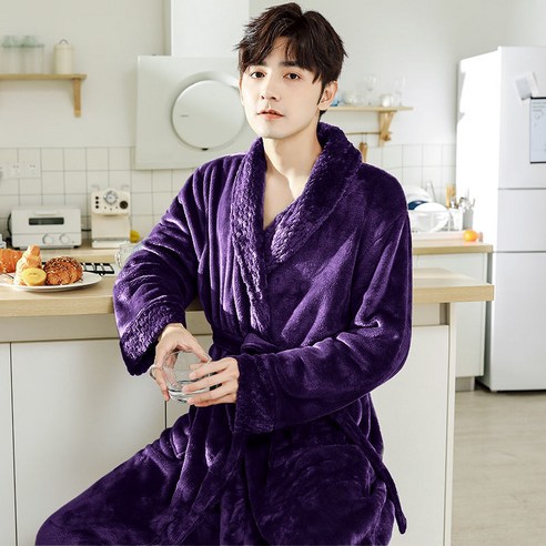 DFMEI-Y 잠옷 여성의 가을과 겨울 긴 산호 양털 플러스 벨벳 두꺼운 커플 목욕 가운 플란넬 남자 잠옷 겨울 홈 착용, {"패션의류/잡화 사이즈":"M 적합 [160cm -120kg]"}, DFMEI 보라색 [] 스티치 플란넬