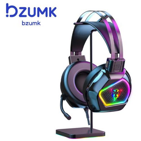 Bzumk 채널 7.1 유선 게임용 헤드셋 마이크 포함 대형 이어 컵 PC 컴퓨터용 USB 충전, 1) 블랙, 블랙