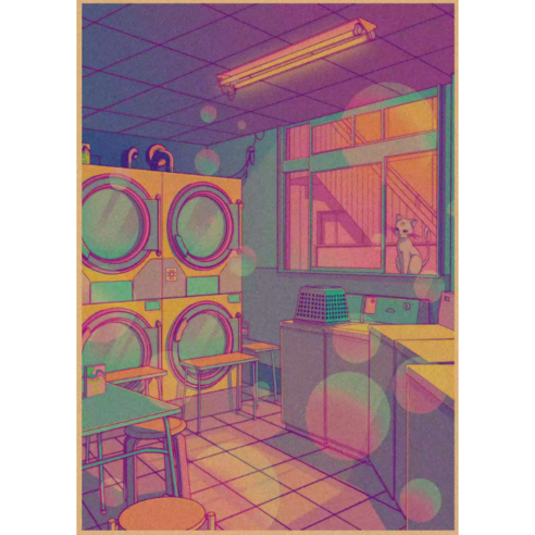 일본 레트로 시티팝 크래프트 종이 포스터 빈티지 카페 인테리어 그림 소품 방꾸미기, laundry