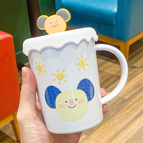 인스타그램 캐릭터 동물 실리콘 컵 뚜껑 머그컵 귀엽다 아침 우유 컵 가정용 창의 도자기 컵, 백배 태양, 450ML