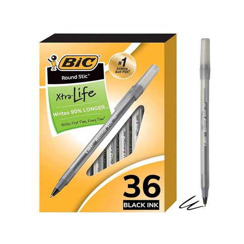 BIC 빅 라운드 스틱 볼펜 (1.0mm) 검정색 청색 적색 낱개포장 박스포장, 검정 (36개입 박스포장)