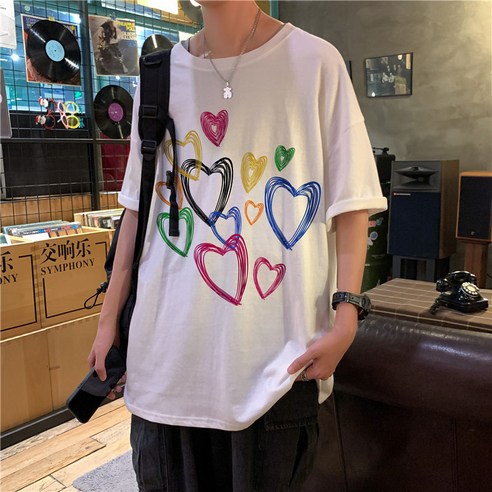 DFMEI 커플 반팔 티셔츠 느슨한 사랑 프린트 반소매 탑 여름 한국 스타일 유행 모든 매치 캐주얼 티셔츠