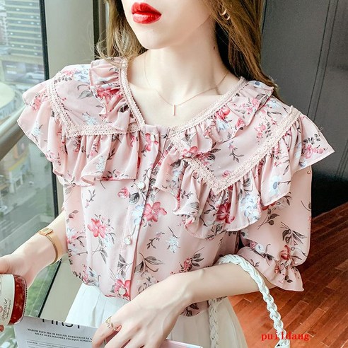 여름 드레스 달콤한 주름 칼라 꽃 무늬 셔츠 여성 조커 셔츠