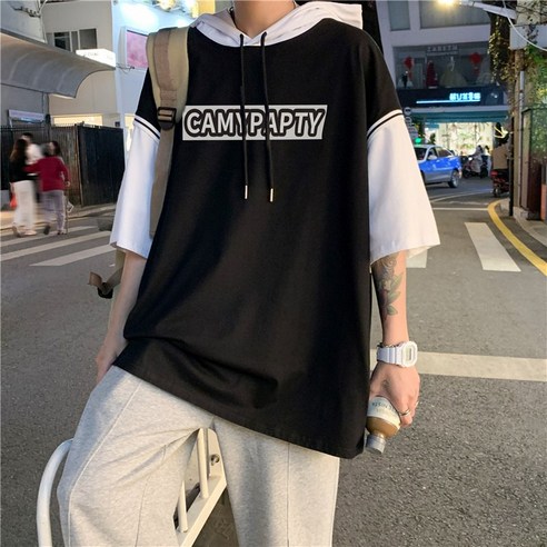 DFMEI 여름 홍콩 스타일 가짜 투피스 후드 반팔 남성 패션 브랜드 캐주얼 느슨한 모든 일치 커플 풀오버 티셔츠