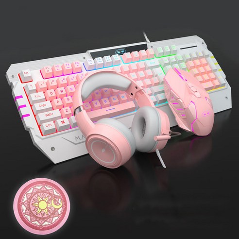 Literally sell 게이밍키보드 무접점 키보드 멋진 조명 인체 공학 게임 엔진 6단 DPI 속도 무소음키보드 레트로키보드 무소음마우스 노이즈캔슬링헤드폰 유선이어폰, 분홍색 키보드+마우스+헤드폰