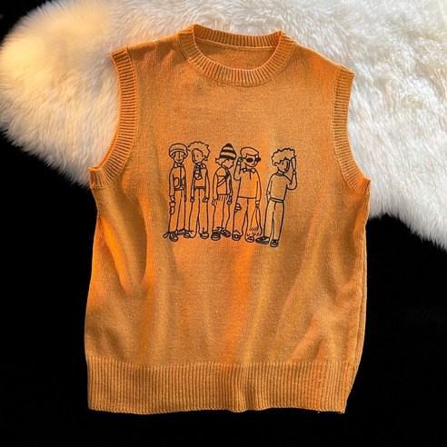 DFMEI 조끼 남자 겨울 홍콩 스타일 유행 느슨한 V 넥 민소매 겉옷 홍콩 스타일 인쇄 스웨터