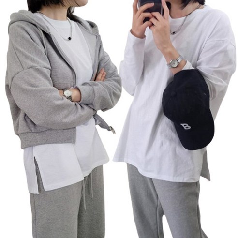[풀문]국내생산/면30수100% 엉덩이덮는트임 레이어드티셔츠 베이직 무지 여성용 옆트임 오버핏 티셔츠 10cm 트임 인생 레이어드 긴팔 티셔츠 + 5cm 레이어드 흰티 반티 30수