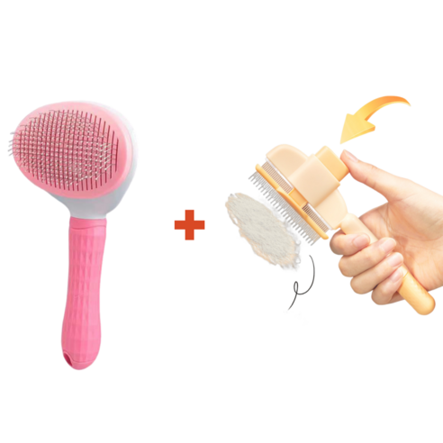 레모릭스 반려동물 엉킨털 원터치 제거 브러쉬 원형+일자형 2P세트, 1세트, 원형핑크+일자형옐로우