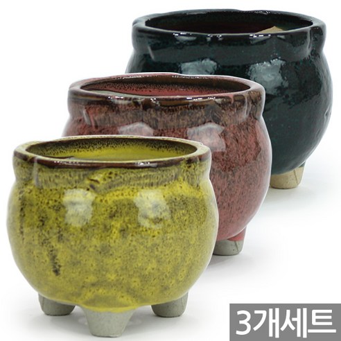 3개) 국산 방구리 원형 화분세트 - 화분 세트 예쁜 다육 다육이 식물 도자기 선인장 베란다 인테리어 홈가드닝 국내산 여주 둥근 칼라 컬러, 1세트, B.방구리화분3개(노랑+분홍+남색)