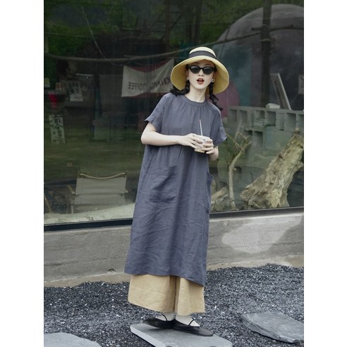 원피스 PAROCETIN | 일본 여성 반팔 리넨 루즈 올 매치 라운드 넥 드레스 여름 얇은 롱 가운