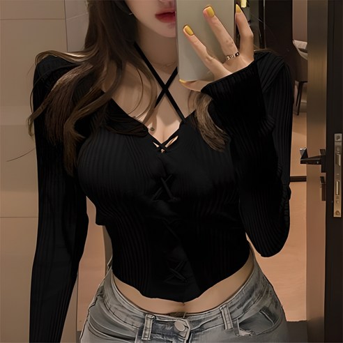 예쁨시전 섹시글램 홀터 브이넥 크롭 골지 긴팔 니트