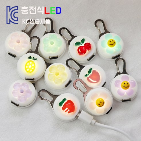 (KC인증제품) 코코아허니 야간산책필수품 강아지인식표 이름표 네임테그 C타입충전식LED 이름표 led이름표_후르츠플라워고정고리형LED, 스마일꽃_민트