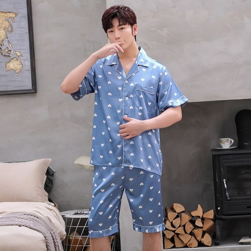 러빙리 커플잠옷 스카이 하트 반팔 반바지 홈웨어 실크 파자마세트