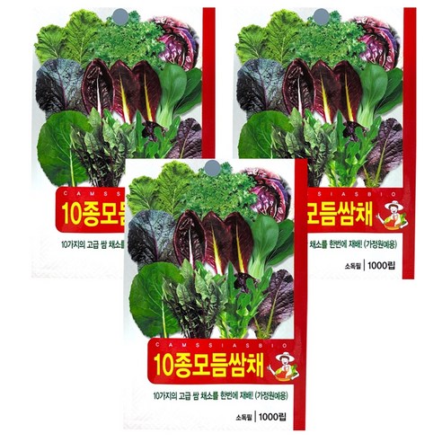 10종모듬쌈채 씨앗 3개입 혼합씨앗:적겨자 청겨자 적경치커리 청치커리 청경채 오크린상추 레드치커리 e쌈추 트레비쇼 홍쌈추, 1개