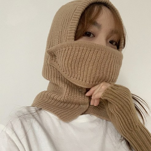 엘렌 니트 바라클라바 페이크 후드 넥워머 겨울 방한 발라클라바 모자, 브라운