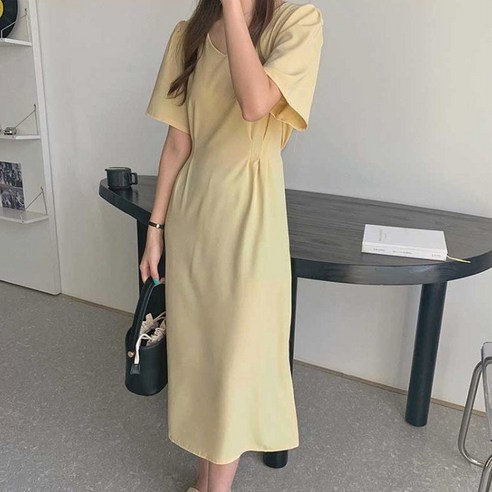 심플 브이넥 롱 원피스 러블리 퍼프 소매 여름 반팔