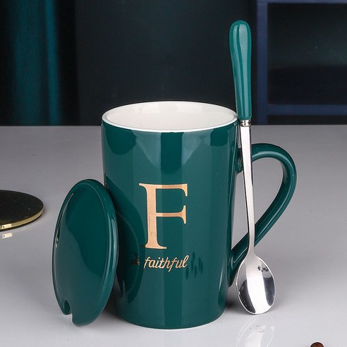 DFMEI 뚜껑이 달린 물 컵 머그 스푼 커피 컵 컵 남녀 커플 우유 세라믹 가정용 대용량, DFMEI F- 레터, 진정한 골드-잉크 그린 green 컵+커버+스테인레스