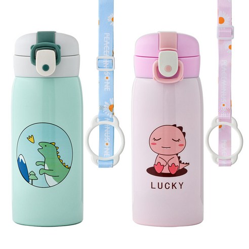 코코메이트 원터치 보온보냉 공룡 텀블러(350ml) 스트랩세트, 민트+핑크, 1개