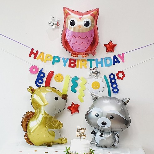 애니멀 동물 풍선 생일 파티 토끼 코끼리 부엉이 곰 너구리 기린, 다람쥐+너구리
