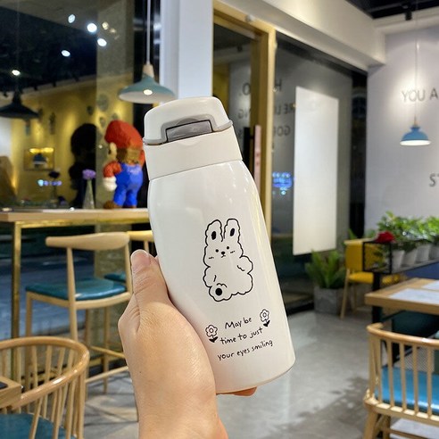 여성 보온병 하라주쿠 스타일 일본식 컵 휴대용 작은 찾고 밀짚 컵 슈퍼 귀여운 컵 여자, 작은 토끼 300ML, 컵 + 컵 브러시 + 밀짚
