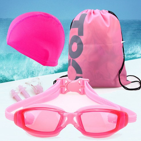 수영 고글 성인 남녀 안개 방지 수영 장비, 9300 파우더 기본 색상 로즈 레드 천 캡 세트
