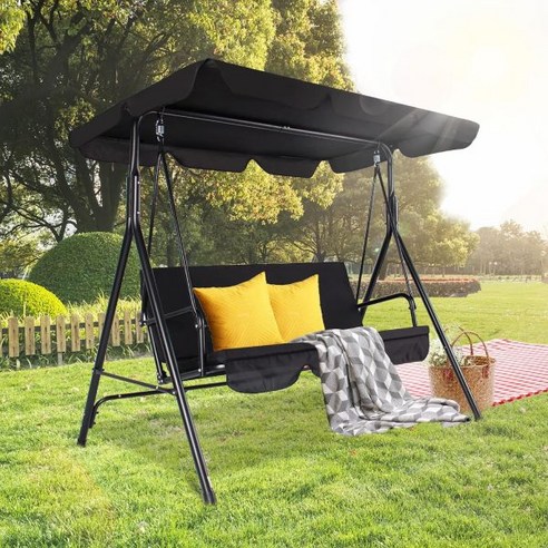 3Seats Outdoor Patio Swing Chairs with Adjustable Tilt Canopy Durable Steel Frame Porch Swings for