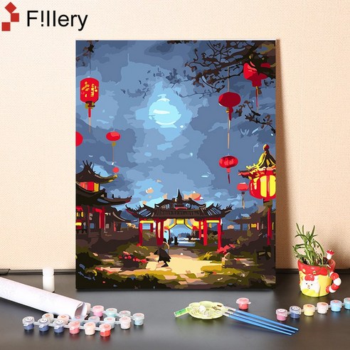 FiIIery DIY명화그리기 피포페인팅 풍경화 인물화그리기 그림그리기 세트 40 x 50cm, 20-등롱 A, 1개