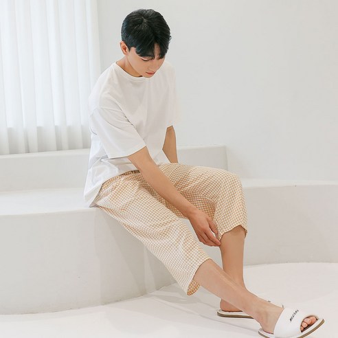 커플용 지지미 블럭 체크 파자마 7부 바지