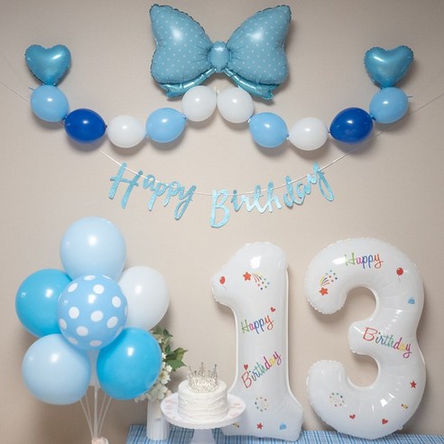 연지마켓 생일풍선 생일파티용품 리본풍선 숫자세트, 블루리본 화이트세트 13