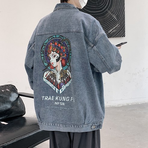 【DF】봄 가을 데님 자켓 남성 ins 패션 브랜드 홍콩 스타일 잘 생긴 느슨한 상위 국가 패션 인쇄 레트로 툴링 자켓