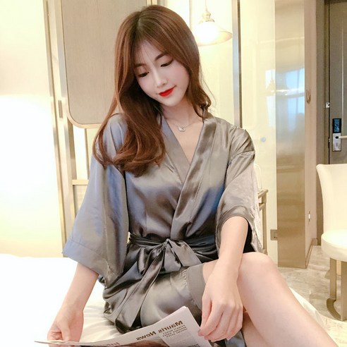 DFMEI-Y 일본 기모노 잠옷 봄과 여름 반팔 잠옷 여성 순수한 색상 얇은 매화 목욕 가운 여성 대형 홈, M, DFMEI F 실버 그레이