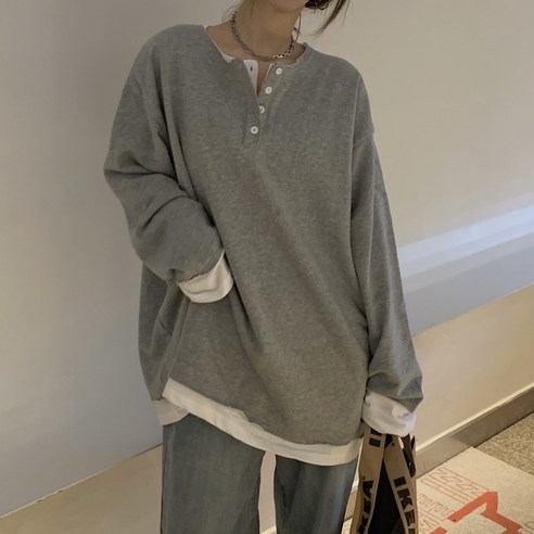 레티고 캐주얼 페이크 이너 루즈핏 긴팔 티셔츠