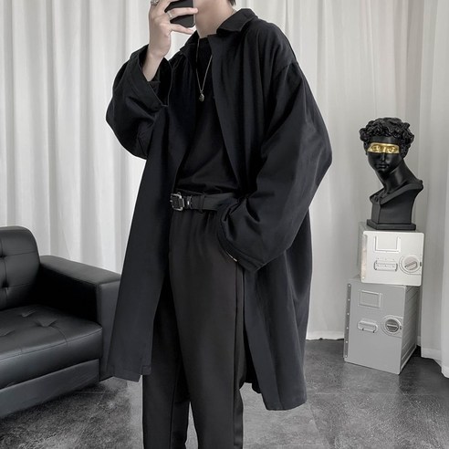 [RichMagic] 트렌치 남성 솔리드 올 매치 오버 사이즈 코트 캐주얼 오픈 스티치 새시 아웃웨어 세련된 포켓 스트리트웨어 세련된 한국 패션 남성