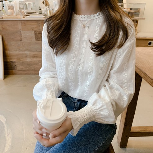 KORELAN 초롱소매 레이스 이너웨어 여성 봄 코듀로이 라운드 셔츠 양기 긴팔에옷감