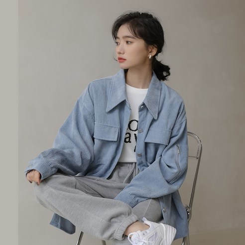 SU 코듀로이 셔츠 코트 봄 가을 새로운 느슨한 한국어 스타일 블루 탑 디자인 감각 틈새