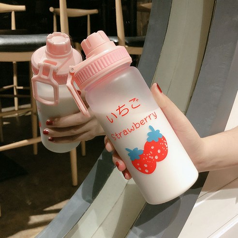 [LM] 500ml 플라스틱 물병 투명/반투명 병 귀여운 물병 카톤 딸기 물병 전화 스탠드 휴대용, 19_500ml