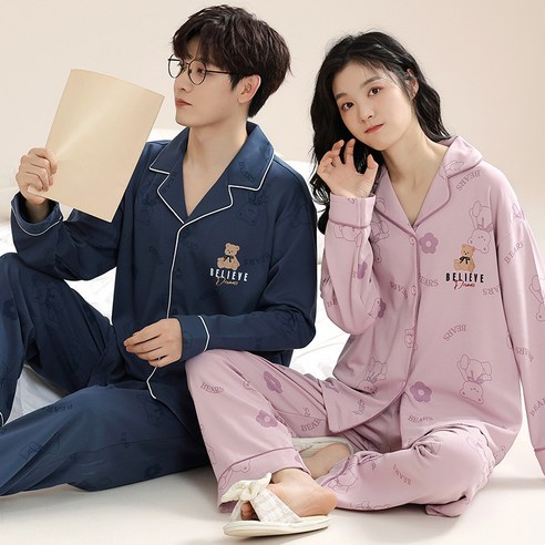 ANYOU 귀여운 곰돌이 커플잠옷 긴팔 실내복 상하세트 신혼부부 홈웨어